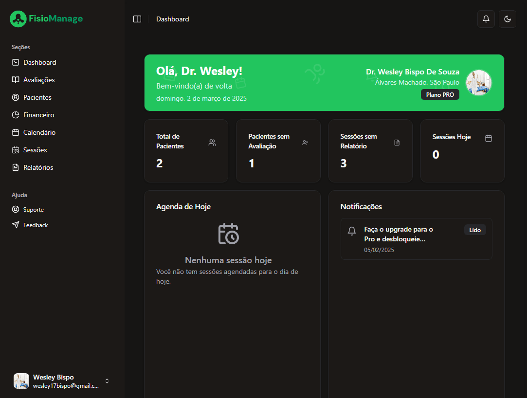 Dashboard do FisioManage mostrando agenda, pacientes e métricas